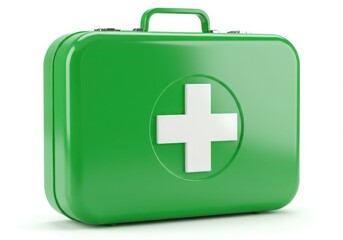 Obraz premium Bright green first aid kit with white cross symbol on white background