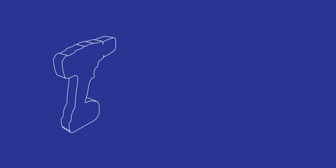 The outline of a large electric screwdriver symbol made of white lines on the left. 3D view of the object in perspective. Vector illustration on indigo background