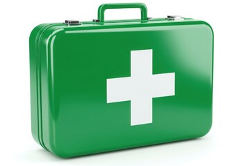 Obraz premium Shiny green first aid kit with white cross symbol on white background
