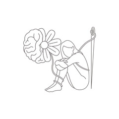 Surreal Line Art Depicting Human Figure with Brain Flower