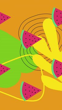 Animation of watermelon spinning over shapes on orange background