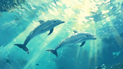 Obraz premium Two dolphins swimming underwater in sunlit ocean.