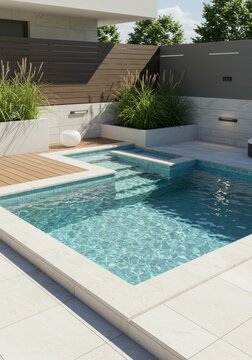 A modern backyard pool with clear water and landscaping around the perimeter of the pool area space