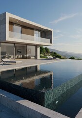 Obraz premium Modern house with a pool reflecting the sky and the house on a sunny day in the mountains