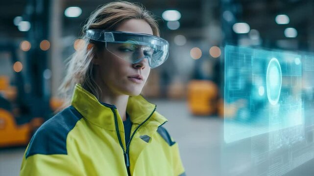 Digitale Fabrikarbeiter mit AR-Brille steuern Produktionsprozesse per Hologramm. K&uuml;nstliche Intelligenz KI