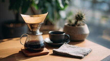 Daily quiet coffee with signature brew and mellow concept. Freshly brewed coffee set on a wooden table with plants.