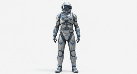 Futuristic astronaut in a detailed silver and blue spacesuit standing against a white background
