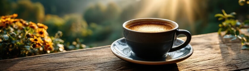 Obraz premium Daily quiet coffee with signature brew and mellow concept. A cup of coffee on a wooden table during a serene morning.