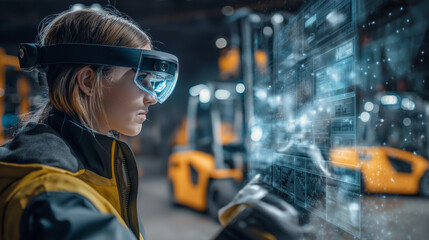 Digitale Fabrikarbeiter mit AR-Brille steuern Produktionsprozesse per Hologramm. Künstliche Intelligenz KI