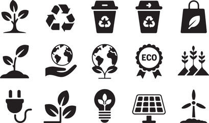 Ecology And Sustainability Line Icons.Transparent PNG available
Eco and sustainability icon set. Vector glyph pictograms of recycle, tree, solar panel, wind turbine, environment, renewable energy, and