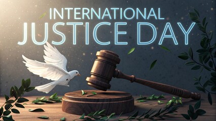 International justice day with a dove and gavel symbolizing peace and law