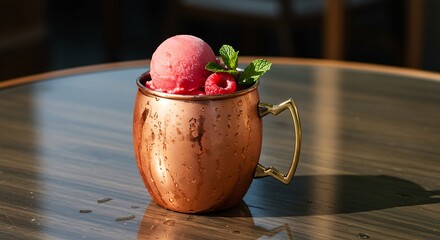   raspberry and lemonade soft-serve served in a chilled copper mug, with condensation beading, reflecting on the mirror table, highlighted by natural light. 