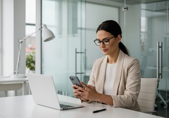 Focused businesswoman wearing glasses checks her smartphone while working on a laptop in a modern office