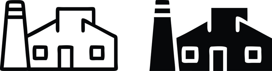 Black and White Factory Icons &ndash; Industrial Building Vector Illustration with Chimney Silhouettes