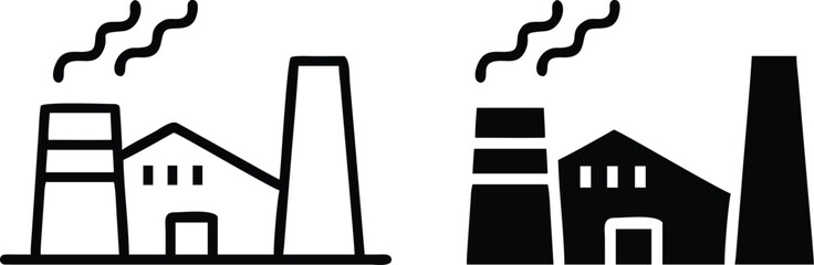 Factory Icon Set - Industrial Building Vector Silhouette, Black Line Art Smokestack Illustration