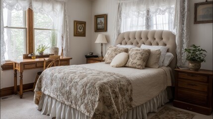 Fototapeta premium traditional guest bedroom with floral patterns, tufted headboard, and vintage-style desk, soft light filtering through lace curtains, casting