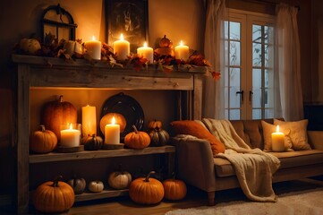 Obraz premium Warm Halloween Living Room Decor with Pumpkins and Candles at Night