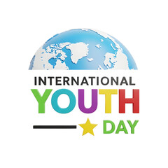 International Youth Day Globe 3D Logo with Colorful Youth Text and Star on Transparent Background