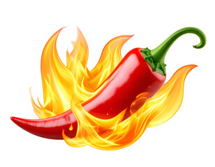 Fiery chili pepper in flames with detailed textures, on a dark background