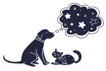 Dreaming Pet Cloud Silhouette � Dog or Cat Sleeping Under Thought Bubble with Stars for Baby Room, Mental Health & Gift Prints