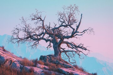 old dying tree on the hill by generative ai