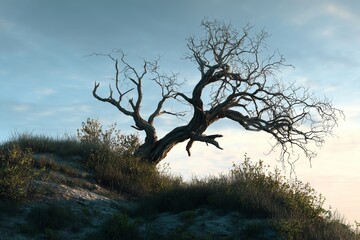 old dying tree on the hill by generative ai