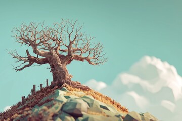 old dying tree on the hill by generative ai