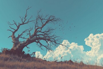 old dying tree on the hill by generative ai