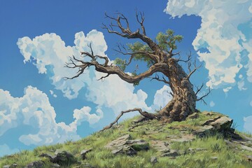 old dying tree on the hill by generative ai