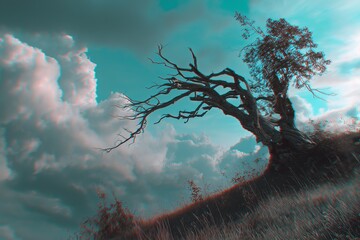 old dying tree on the hill by generative ai