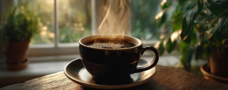 Daily quiet coffee with signature brew and mellow concept. A steaming cup of coffee on a wooden table in a cozy setting.