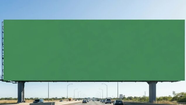 Highway Billboard Mockup - Large Green Screen, Blue Sky, Traffic, Outdoor Advertising