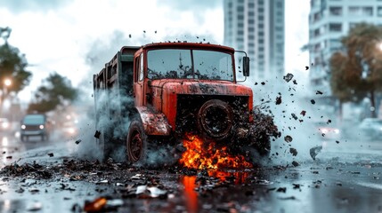 Fiery Truck Crash Amidst Urban Chaos Dramatic Digital Artwork