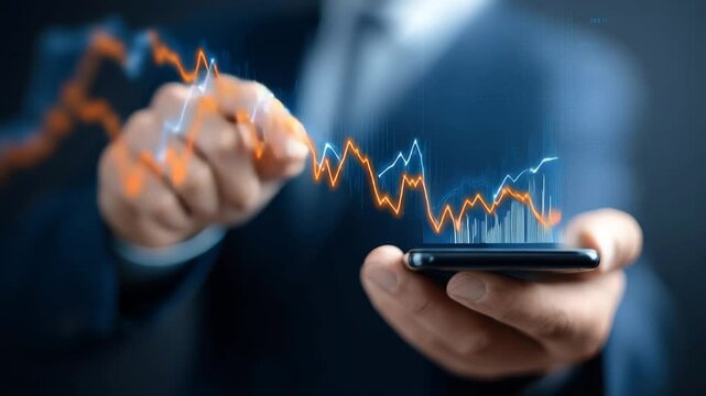 Man uses smartphone with holographic financial data graph overlay - Powered by Adobe