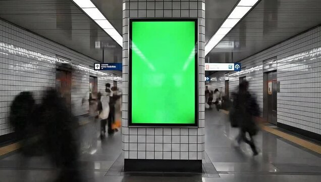 Subway Billboard Mockup - Vertical Green Screen, Commuter Timelapse, Underground Ad Space
