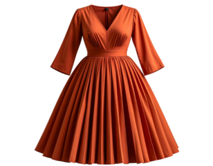 Front-facing view of an elegant 1950s-style burnt orange pleated dress with a flared