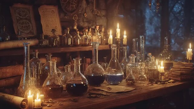 Mysterious Alchemy Lab with Bottles and Candles