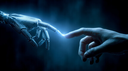 a human hand reaching toward a robotic hand in a dark room with glowing blue ambient light, fingers almost touching, high-tech cyberpunk vibe, no face visible