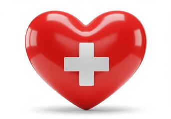 Obraz premium Shiny red heart with white cross symbol isolated on white background