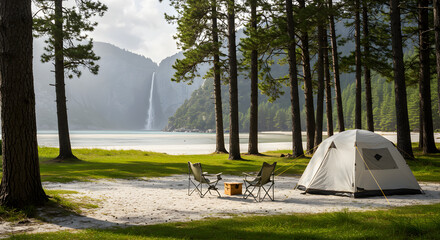 A camping tent and chairs on a white sandy field mixed with green grass, surrounded by tall pine trees, clear beach and waterfall visible in the distance, bright sky with soft cloud