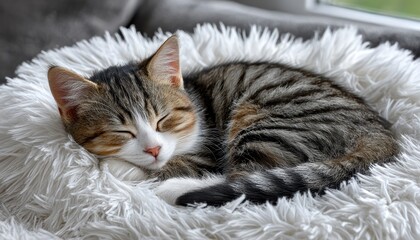 Sleepy tabby cat curled in fluffy bed