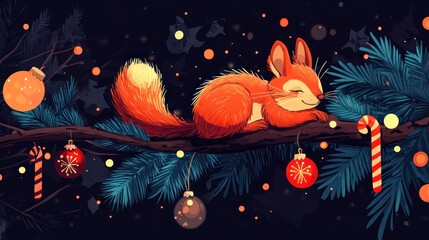 A squirrel resting on a Christmas tree branch, its surroundings decorated with festive New Year's baubles, candy canes, and tiny twinkling lights.