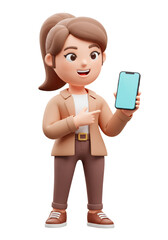 3D Render of Woman Presenting Phone on Transparent Background