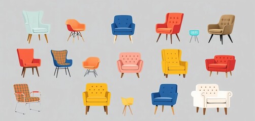 Set of stylized accent chairs, various designs, vector illustration,  living room,  comfortable