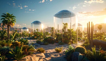 Desert Landscape with Plants Inside Clear Enclosures at Sunset