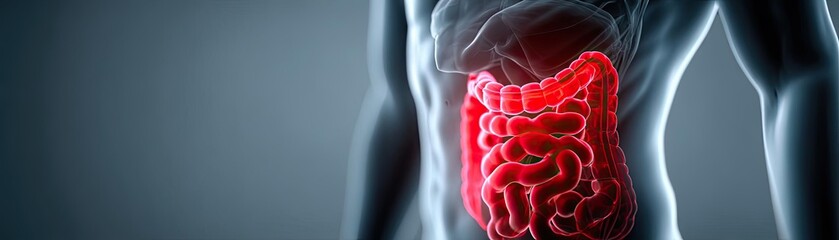 Intestinal cramps due to undercooked meat and bad digestion concept. Illustration of human digestive system highlighting internal organs.