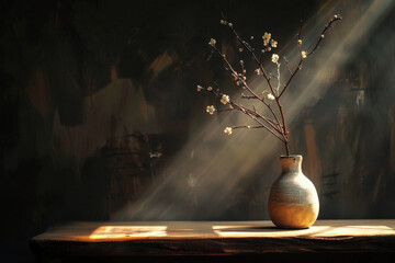 Ceramic vase with dry flower branches on wooden table in sunlight. Concept of interior decoration, minimalism and natural home decor.