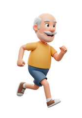 3D Running Senior Man Cartoon Character Jogging with Transparent Background