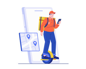A food courier on an electric unicycle uses GPS navigation on a smartphone, wears a backpack, and delivers orders using modern, eco-friendly transport. Fast delivery and smart mobility concept