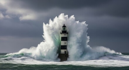 Powerful Ocean Waves Crash Against a Lighthouse During a Storm